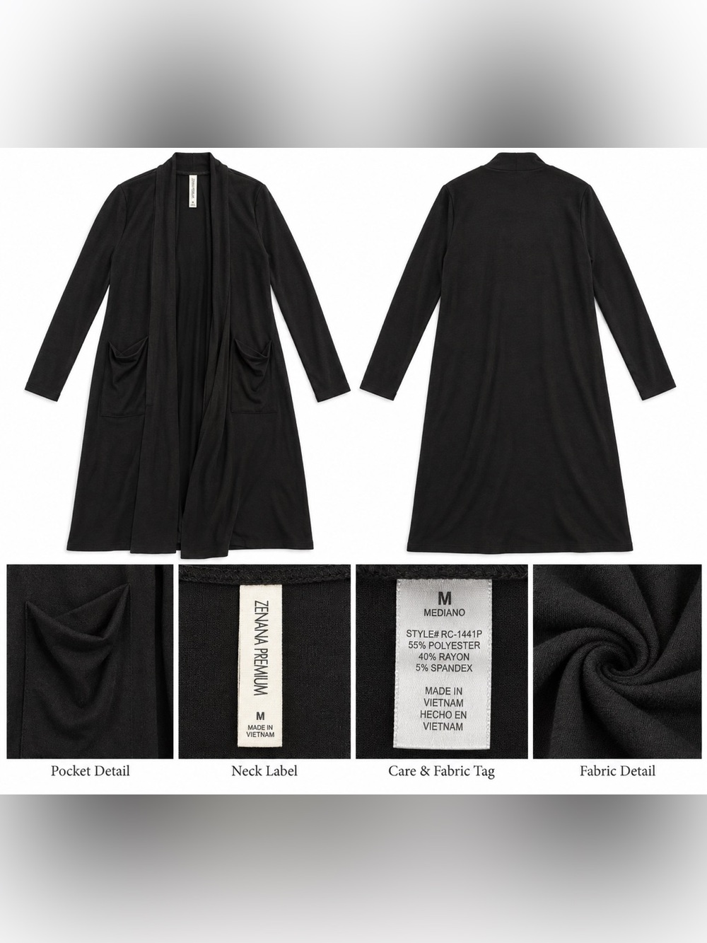 Zenana Premium Women’s M Black Long Open Front Duster Cardigan Pockets Stretch